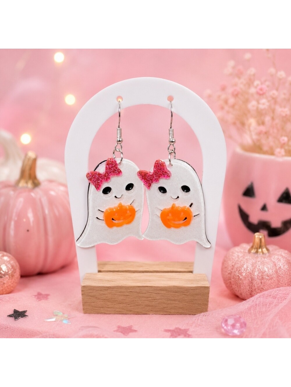 Halloween Cute Pink Bow Ghost Pumpkin Jack-'o-lantern Hypoallergenic Earrings